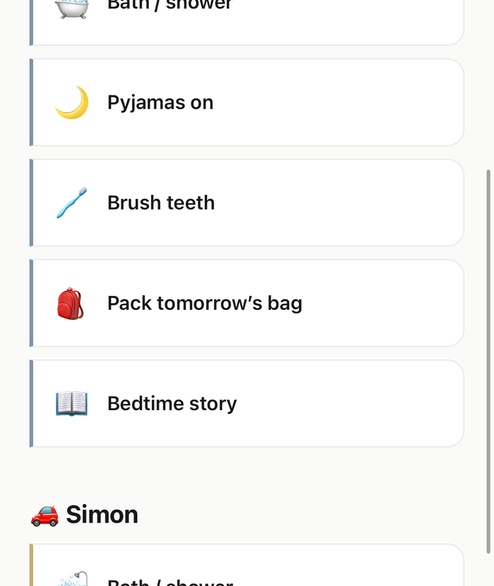 Tilandra evening routine screen, showing one child's tasks in order